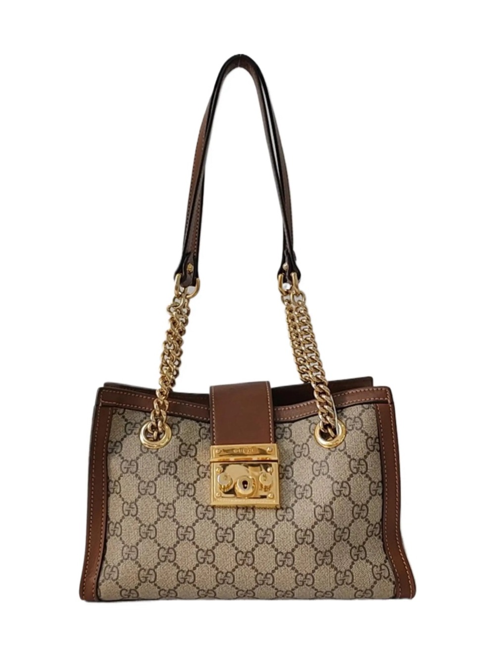 ♥️Gucci Small GG Canvas Padlock Brown Shoulder Bag with Gold Chain Handles♥️
